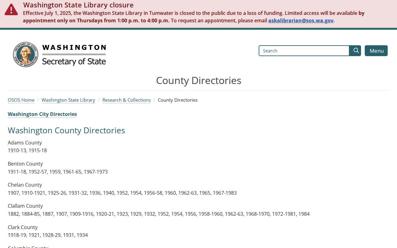 Washington State Library Benton County directory year runs